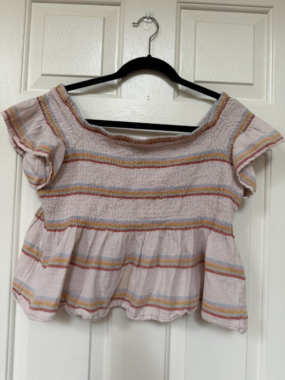 American Eagle Size Extra Large (XL) Striped Smocked Crop Top with Flutter Sleev